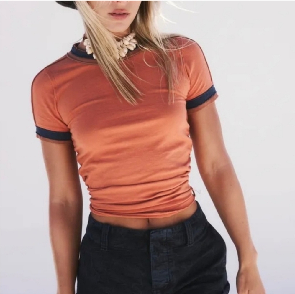 Free People Orange and Black Short Sleeve Tee